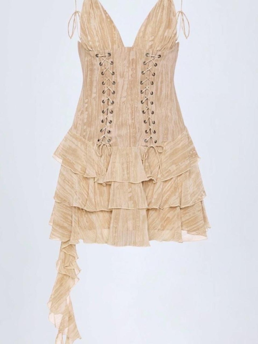 Oh Polly! Lace Ruffled Tiered Mini Dress in Tan Print